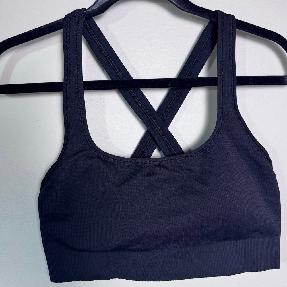 Athleta Exhale Ribbed Sports Bra Black Size L Seamless Crossback Yoga Strappy
